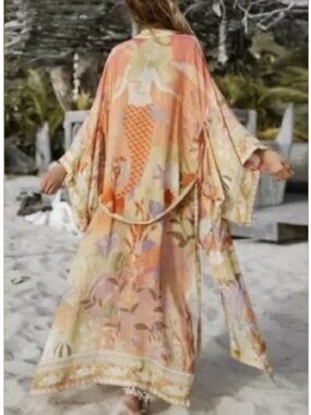For Love Bell Mermaid Kimono Robe M Maxi Cover Up Ties Fish Coral Seashell Boho